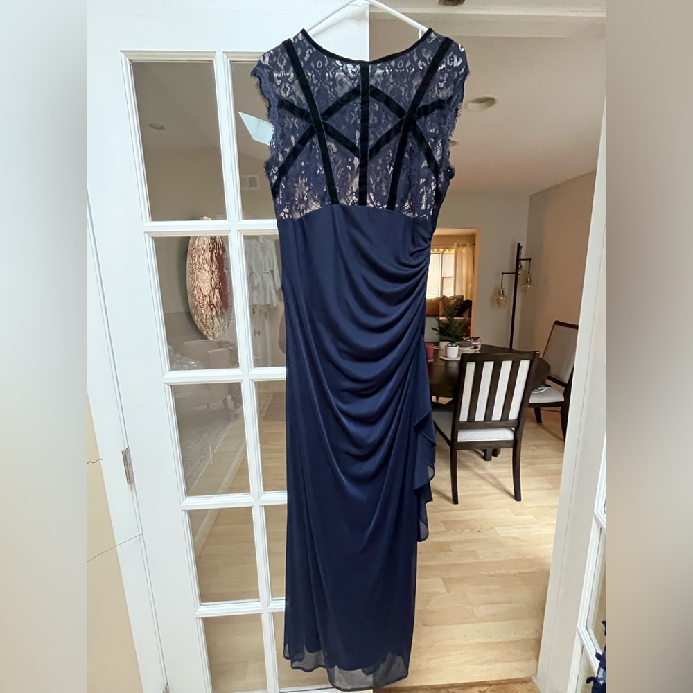 Navy blue gown with beautiful velvet ribbons bodice